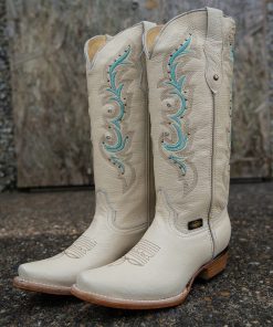 Women Leather Teal Studs Bone Snip Toe Tall Boot