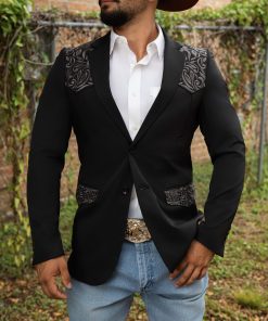 Platini: Mens Black Embroidery Blazer