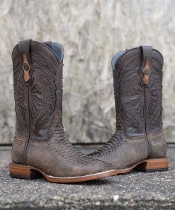 Men Print Python Nobuck Brown Square Toe Boots