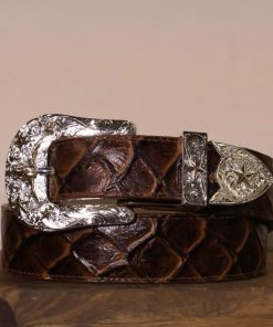 Men’s Shedron Pirarucu Print Belt 3 Piece Silver Buckle