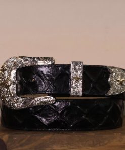Men’s Black Pirarucu Print Belt 3 Piece Silver Buckle