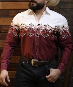 Rodeo Maroon Aztec Border Long Sleeve