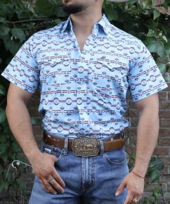 Rodeo Men Blue Pearl Snap Red Aztec Print Shirt