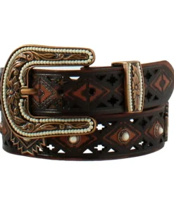 Ladies Embossed Aztec Concho Brown Leather Belt D140015102